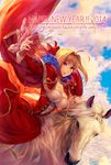  2014 ahoge blonde_hair breasts cape dress fate/extra fate_(series) green_eyes happy_new_year horse large_breasts nero_claudius_(fate) nero_claudius_(fate)_(all) new_year red_dress ribbon simosi solo 