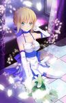  ahoge artoria_pendragon_(all) bad_id bad_pixiv_id blonde_hair bouquet cleavage_cutout dress elbow_gloves fate/stay_night fate/unlimited_codes fate_(series) flower gloves green_eyes highres lily_(flower) saber saber_lily short_dress solo thighhighs tianya_beiming white_dress 