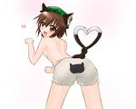  animal_ears bloomers blush brown_eyes brown_hair cat_ears cat_tail chen earrings fang flat_chest from_behind hat heart heart_tail heart_tail_duo highres insight jewelry multiple_tails paw_pose short_hair spoken_heart tail topless touhou underwear 