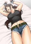  1girl absurdres armpits arms_up azasuke bed belt black_lagoon breasts brown_eyes brown_hair covered_nipples cuffs erect_nipples fingerless_gloves gloves handcuffs highres large_breasts legs long_hair looking_up lying navel open_mouth ponytail revy revy_(black_lagoon) short_shorts shorts solo tank_top tattoo thighs 
