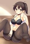  :o bekotarou black_bra blush bra breasts brown_hair cleavage highres japanese_clothes kaga_(kantai_collection) kantai_collection large_breasts looking_at_viewer navel panties panties_under_pantyhose pantyhose ponytail side_ponytail sitting solo strap_gap thighband_pantyhose underwear yellow_eyes 