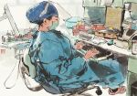  1girl computer computer_keyboard dentist desk highres hospital_gown model monitor neo1900 office on_chair original sandals solo swivel_chair 