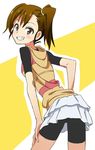  bike_shorts brown_eyes brown_hair eiraprpr from_behind futami_mami grin hand_on_thigh idolmaster idolmaster_(classic) leaning_forward looking_at_viewer looking_back ponytail side_ponytail smile solo 