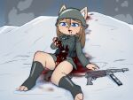 3_toes 4:3 absurd_res anthro armor battle big_breasts blood blood_from_mouth blood_in_mouth blood_on_hand blood_on_pussy blood_on_snow blue_eyes blush bodily_fluids bottomless bottomless_female breasts brown_hair canid canine canis clothed clothing cold defeated domestic_dog dying e254e eyelashes fatal fatal_wound feet female female_death fluffy_legs genitals gore gun gunshot_wound hair headgear helmet hi_res inner_ear_fluff innie_pussy mammal nazi_uniform nosebleed pain perforating_wound pointy_ears prick_ears pussy ranged_weapon realization ryona sad shot_in_chest sitting smoke snow snowing solo submachine_gun tears toeless_legwear toes tuft viktoriya_ivanovna_serebryakov weapon weapon_on_ground wehrmacht wince winter world_war_2