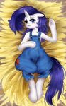  anthro blue_eyes camel_toe clothed clothing crying equine female flat_chested friendship_is_magic fur hair hay horn horse lying mammal mingamia my_little_pony on_back overalls pony purple_hair rarity_(mlp) solo unicorn white_fur wide_hips 