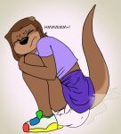 abdl anthro blush bottomwear brown_eyes brown_hair clothing diaper embarrassed female grunting hair jd86 mammal mustelid otter pooping skirt solo stink_fumes stink_lines unclean_diaper used_diaper