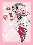  3girls ahtaso bag baseball_cap bead_bracelet beads blonde_hair bow bracelet breasts buttons celes_chere character_bag chibi chibi_inset closed_eyes earrings final_fantasy final_fantasy_vi frilled_skirt frills full_body green_hair hair_bow hair_ornament hair_over_one_eye hairclip hat holding holding_phone jacket jewelry long_hair loose_socks medium_breasts moogle multiple_girls necklace open_mouth parted_bangs parted_lips pearl_necklace phone pink_background pink_jacket ponytail red_socks relm_arrowny shoes short_hair shoulder_bag skirt smile sneakers socks terra_branford thigh_strap twitter_username wavy_hair white_skirt 
