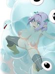  1girl areolae armpits asphyxiation bare_shoulders black_legwear blush boots breasts bubble butakoma_300g collarbone drowning from_above full-face_blush green_eyes hair_between_eyes hair_intakes hair_ribbon large_areolae large_breasts legs mikami_(vitamin_quest) mound_of_venus navel nipples nude open_mouth outstretched_arm pointy_ears purple_hair ribbon shiny shiny_skin short_hair slime spread_legs thighhighs thighs vaginal vitamin_quest vore 
