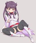  black_legwear blush boots cape double_bun eyebrows kawata_hisashi komadori_renge long_hair magatama petite purple_eyes purple_hair sekai_seifuku:_bouryaku_no_zvezda sitting solo thighhighs twintails white_robin 