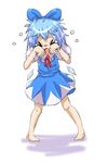  &gt;_&lt; bad_id bad_pixiv_id barefoot blue_eyes blue_hair bow cirno closed_eyes crying dress facing_viewer fairy full_body hair_bow hands_on_own_face ice l_(negaeru) open_mouth short_hair simple_background solo touhou white_background 