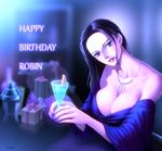  bare_shoulders black_eyes black_hair breasts cleavage collarbone drink earrings happy_birthday jewelry large_breasts long_hair looking_at_viewer nail_polish necklace nico_robin one_piece zugan_(berugkamp) 