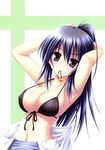  absurdres adjusting_hair armpits arms_up asymmetrical_breasts bikini_top blue_hair breasts cleavage covered_nipples front-tie_bikini front-tie_top hair_bobbles hair_ornament halterneck highres large_breasts looking_at_viewer matra_milan mouth_hold no_shirt noihara_himari official_art omamori_himari ponytail purple_eyes shiny shiny_skin skindentation strap_gap swimsuit 