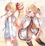  2girls ;d absurdres ahoge bare_shoulders beamed_eighth_notes belt bilingual_commentary blonde_hair blush brown_dress brown_thighhighs buttons character_name commentary criss-cross_back-straps detached_sleeves double-breasted dress dual_persona eighth_note english_commentary fingernails floating_hair frilled_dress frilled_sleeves frills gradient_hair hair_ornament hair_ribbon hand_up hands_on_own_cheeks hands_on_own_face highres hololive hololive_dev_is idol_clothes index_finger_raised jacket long_hair long_sleeves looking_at_viewer looking_back maru_ccy merchandise_available mixed-language_commentary multicolored_hair multiple_girls musical_note musical_note_hair_ornament musical_staff musical_staff_print nail_polish neck_ribbon one_eye_closed one_side_up open_clothes open_jacket open_mouth orange_nails otonose_kanade otonose_kanade_(1st_costume) otonose_kanade_(regloss_uniform) piano_print pocket pouch print_jacket print_thighhighs red_eyes red_ribbon ribbon ribbon-trimmed_sleeves ribbon_trim shiny_skin short_dress short_shorts shorts side_ponytail sleeve_cuffs sleeveless sleeves_past_wrists smile thigh_pouch thigh_strap thighhighs thighs turning_head virtual_youtuber white_belt white_jacket white_shorts white_sleeves zettai_ryouiki 