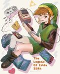  1boy anniversary artist_name black_eyes boots brown_boots brown_hair brown_sleeves commentary_request famicom famicom_gamepad floating full_body game_console green_hat green_tunic handheld_game_console hat heart highres link long_sleeves male_focus mia_ru1228 nintendo_3ds nintendo_64 nintendo_switch open_mouth pointy_ears sidelocks smile solo super_famicom_gamepad the_legend_of_zelda the_legend_of_zelda_(nes) tunic twitter_username 