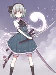  aoyagi_neko ascot black_hairband black_legwear bloomers cherry_blossoms cloud flower frills green_eyes hair_ribbon hairband highres katana kneehighs konpaku_youmu konpaku_youmu_(ghost) looking_away md5_mismatch petite puffy_sleeves ribbon sheath short_hair short_sleeves silver_hair solo standing sword touhou underwear vest weapon 