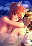  absurdres animal_ears blush breasts brown_hair cup drinking hair_up highres holding holo kawakami_rokkaku knees_to_chest long_hair looking_at_viewer night night_sky nipples nude onsen partially_submerged petite red_eyes scan shiny sitting sky small_breasts smile solo spice_and_wolf steam tail wet wolf_ears wolf_girl wolf_tail 