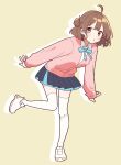  1girl :o ahoge aqua_ribbon blue_overskirt blue_skirt brown_hair cardigan commentary_request full_body gakuen_idolmaster hanami_ume hatsuboshi_gakuen_school_uniform highres idolmaster kanohara_(63xmrr) long_sleeves looking_at_viewer medium_hair neck_ribbon pink_cardigan pleated_skirt ribbon school_uniform shoes skirt solo standing standing_on_one_leg thighhighs white_shoes white_thighhighs 
