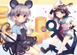  2girls :o ;3 absurdres anchor anchor_print animal_ears arm_up armband basket belt black_armband black_belt black_boots black_hair black_skirt black_vest blue_capelet boots capelet cheese crease crystal dowsing_rod food green_eyes green_sailor_collar grey_hair hand_on_own_hip hat highres hishaku jewelry kneehighs long_sleeves looking_at_viewer masaru.jp mouse_(animal) mouse_ears mouse_tail multiple_girls murasa_minamitsu nazrin neckerchief necklace one_eye_closed open_mouth puffy_short_sleeves puffy_sleeves red_eyes red_neckerchief sailor_collar sailor_hat scan shirt short_hair short_sleeves shorts skirt socks sparkle sparkling_aura tail third-party_source touhou v-shaped_eyebrows vest white_hat white_shirt white_shorts white_socks 