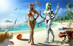  anthro beach beast breasts canine feline female green_eyes group hair male mammal nipples palm_tree seaside sky topless vyx water 
