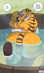 absurd_res against_surface anthro back_boob bathing big_breasts big_butt biped breasts butt curvy_figure dialogue dreamworks felid female female_anthro fur hi_res huge_breasts huge_butt kneeling kung_fu_panda lollipopcon looking_back mammal markings master_tigress nude offscreen_character offscreen_male orange_body outside pantherine partially_submerged rear_view signature solo speech_bubble striped_body striped_fur striped_markings striped_tail stripes tail tail_markings text tiger water wet wet_body wide_hips