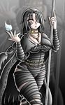  bandages black_hair braid breasts cape choker cleavage demon's_souls highres jewelry large_breasts long_hair maiden_in_black necklace one_eye_covered red_eyes solo souls_(from_software) staff takilmar 