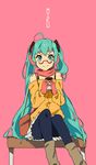  absurdres ahoge bad_id bad_pixiv_id bench bespectacled character_name earmuffs glasses gloves green_eyes green_hair hatsune_miku highres long_hair pantyhose pink_background red_scarf scarf sitting skirt smile solo twintails very_long_hair vocaloid zhuxiao517 