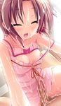  1girl amagasa_hikari blush breasts brown_hair censored collarbone eyes_closed game_cg penis tamahaji!_-tamatama_hajikeru_imouto-tachi 