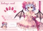  1girl :3 absurdres back_bow bat_wings blue_hair bow chibi closed_mouth collared_shirt cowboy_shot crease double-parted_bangs fang frilled_shirt_collar frills hair_between_eyes hat highres interlocked_fingers looking_at_viewer masaru.jp mob_cap nail_art nail_polish pink_shirt pink_skirt puffy_short_sleeves puffy_sleeves red_bow red_eyes red_nails remilia_scarlet scan shirt short_hair short_sleeves skin_fang skirt third-party_source touhou translation_request wings wrist_cuffs 