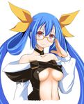  bare_shoulders bespectacled blue_hair breasts choker dizzy glasses guilty_gear hair_ribbon long_hair medium_breasts navel no_wings ponkotsu red_eyes ribbon simple_background smile solo twintails underboob white_background yellow-framed_eyewear yellow_ribbon 