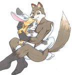  blonde_hair buckteeth canine cuddling eyes_closed female hair interspecies lagomorph male mammal nude predator/prey_relations rabbit sitting sue-chan_(artist) wolf 