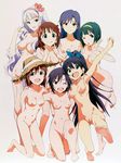  6+girls ;d absurdres amami_haruka armpits arms_up artist_request barefoot black_hair blue_eyes blue_hair blush breasts brown_eyes brown_hair earrings fang feet female flat_chest flower ganaha_hibiki green_eyes green_hair hagiwara_yukiho hair_flower hair_ornament hair_ribbon hairband hat highres idolmaster jewelry kikuchi_makoto kisaragi_chihaya kneeling large_breasts lavender_hair long_hair mound_of_venus multiple_girls navel nipples nude nude_filter one_eye_closed open_mouth otonashi_kotori photoshop pink_eyes ponytail purple_eyes pussy red_hair ribbon shijou_takane short_hair simple_background small_breasts smile soles thighs toes uncensored white_background wink yellow_eyes 