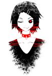  alternate_hair_color black_eyes choker collar collarbone eyelashes fading hair_ornament hairclip kagamine_rin lines monochrome one_eye_closed poaro red_pupils shirt solo spot_color studded_collar texture tongue tongue_out upper_body v-neck vocaloid 
