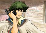  absurdres aiming_up blue_jacket brown_eyes brown_poncho closed_mouth collared_shirt cowboy_bebop dress_shirt finger_on_trigger green_hair gun handgun highres holding holding_gun holding_weapon jacket male_focus menu messy_hair outdoors parted_lips popped_collar shirt sign smile spike_spiegel table tablecloth tobalin upper_body weapon yellow_eyes 
