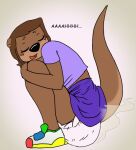 abdl anthro blush bottomwear brown_eyes brown_hair clothing diaper embarrassed female hair jd86 mammal mustelid otter pooping skirt solo stink_fumes stink_lines unclean_diaper used_diaper
