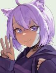  1girl :3 absurdres ahoge animal_collar animal_ears breasts cat_ears cat_girl collar highres hololive hood hooded_sweater hoodie medium_breasts medium_hair nekomata_okayu nekomata_okayu_(1st_costume) portrait purple_eyes purple_hair purple_hoodie purple_sweater sleeves_past_wrists solo sweater thernz virtual_youtuber 