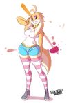  anthro black_nose breasts canine chest_tuft clothing collar dog eyebrows female fur legwear lionalliance mammal orange_eyes orange_fur plain_background shadow shoes solo standing stockings teeth tuft white_background white_fur 