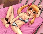  barefoot bdsm bed_frame blonde_hair blush bondage bound bra breast_slip breasts cuffs doumyouji_sakura_(kitakubu) frilled_bra frilled_panties frills full-face_blush hair_bobbles hair_ornament handcuffs heart heart-shaped_pupils highres insight kitakubu_katsudou_kiroku long_hair navel nipples off_shoulder one_breast_out panties red_eyes shiny shiny_skin small_breasts soles solo strap_slip symbol-shaped_pupils toes twintails underwear underwear_only 