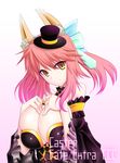  agata_(jade) animal_ears breasts fate/extra fate/extra_ccc fate_(series) fox_ears fox_tail hair_ribbon hat highres huge_breasts mini_hat mini_top_hat pink_hair ribbon solo tail tamamo_(fate)_(all) tamamo_no_mae_(fate) top_hat twintails yellow_eyes 