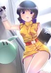  1girl :d belt black_hair breasts dress fa_yuiry gloves gundam haro highres himehachi_(hime8manga) medium_breasts non-humanoid_robot open_mouth orange_belt panties pantyshot purple_eyes robot short_dress short_hair sleeveless sleeveless_dress smile underwear white_gloves white_panties yellow_dress zeta_gundam 