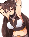  armpits bad_id bad_pixiv_id breasts brown_hair cleavage groin hairband hibimegane kantai_collection large_breasts long_hair midriff nagato_(kantai_collection) navel red_eyes smile solo 