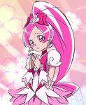  bow choker cure_blossom earrings eyelashes gorou_(pixiv3249935) hanasaki_tsubomi heartcatch_precure! jewelry long_hair looking_at_viewer magical_girl pink pink_background pink_bow pink_choker pink_eyes pink_hair pink_skirt ponytail precure puffy_sleeves skirt solo very_long_hair wrist_cuffs 
