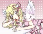  1girl aikatsu! aikatsu!_(series) arm_support blonde_hair dress food fruit hair_ribbon hand_on_own_cheek hand_on_own_face head_rest highres hoshimiya_ichigo idol_clothes ku_(kuooss) long_hair looking_at_viewer lying mouth_hold name_connection object_namesake on_side pink_background pink_dress red_eyes ribbon solo strawberry upper_body white_wings wings 