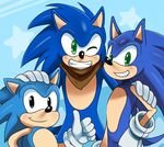  anthro blue_hair green_eyes group hair hedgehog looking_at_viewer male mammal one_eye_closed sega smile sonic_(series) sonic_boom sonic_the_hedgehog square_crossover sssonic2 wink 