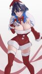  1girl absurdres black_hair blue_eyes blue_hair bow breasts detached_sleeves dress eipanguino fur-trimmed_dress fur-trimmed_headwear fur-trimmed_sleeves fur-trimmed_thighhighs fur_trim gloves hair_intakes hat highres holding holding_sack hololive hololive_english huge_breasts looking_at_viewer multicolored_hair ouro_kronii red_bow red_dress red_gloves red_thighhighs sack santa_costume santa_dress santa_hat solo thighhighs two-tone_hair virtual_youtuber white_background 
