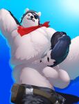 2025 absurd_res anthro armor army_helmet balls barazoku bear belly belly_overhang biceps big_balls big_belly big_muscles big_penis blue_background bottomwear bottomwear_around_one_leg bottomwear_down claws clothed clothing clothing_around_one_leg epic_games erection eye_patch eyewear fingerless_gloves fortnite fur genitals glans gloves hand_behind_back handwear headgear helmet hi_res humanoid_genitalia humanoid_penis kerchief looking_at_viewer love_handles male mammal musclegut muscular muscular_anthro muscular_male neckerchief neckwear nude overweight overweight_anthro overweight_male pants pants_around_one_leg pants_down partially_clothed pecs penis polar_bear polar_patroller presenting presenting_penis saggy_balls seductive simple_background sitting smile smirk solo teeth thick_arms thick_penis thick_thighs tuft uneven_balls ursine weskers