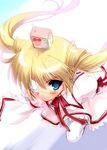  1girl blonde_hair blue_eyes bow dress eyepatch floating_hair from_above juice_box lace long_hair long_sleeves nakatsu_shizuru object_on_head on_head pantyhose pink_dress red_bow red_ribbon rewrite ribbon running school_uniform solo twintails upper_body white_legwear zen 