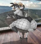 anthro balls bedroom_eyes big_butt black_body black_fur black_hair black_wool bottom_heavy bottomwear bovid bracelet butt caprine clothing curled_horn dullvivid ear_piercing ear_ring fake_ears fake_rabbit_ears femboy fishnet_bottomwear fishnet_clothing fur genitals grey_body grey_fur hair half-closed_eyes hi_res hooves horn huge_butt inviting jewelry leotard male mammal narrowed_eyes pear-shaped_figure piercing playboy_bunny playboy_outfit presenting presenting_balls presenting_hindquarters ring_piercing seductive sheep smile smirk smug smug_face solo sono_(sonomatic) spiked_bracelet spikes thick_thighs tight_bottomwear tight_clothing wide_hips wool_(fur)
