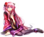  bad_id bad_pixiv_id blue_eyes closed_fan fan flower folding_fan hair_flower hair_ornament hana_(module) highres japanese_clothes kimono kimono_skirt long_hair magicpants megurine_luka nail_polish pantyhose paper_fan pink_hair project_diva_(series) project_diva_2nd sitting smile solo very_long_hair vocaloid white_background 