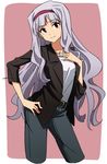  cropped_legs eiraprpr hairband hand_on_hip hand_on_own_chest highres idolmaster idolmaster_(classic) long_hair looking_at_viewer red_eyes shijou_takane silver_hair smile solo 