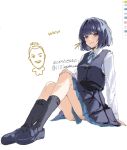  1girl 1other black_socks blue_overskirt blue_ribbon blue_skirt blue_vest blush full_body gakuen_idolmaster hataya_misuzu hatsuboshi_gakuen_school_uniform highres idolmaster kneehighs knees_up lllllaaaaauuu long_sleeves looking_at_viewer mole mole_under_mouth neck_ribbon pleated_skirt purple_hair ribbon school_uniform shirt short_hair sitting skirt smile socks vest white_shirt 